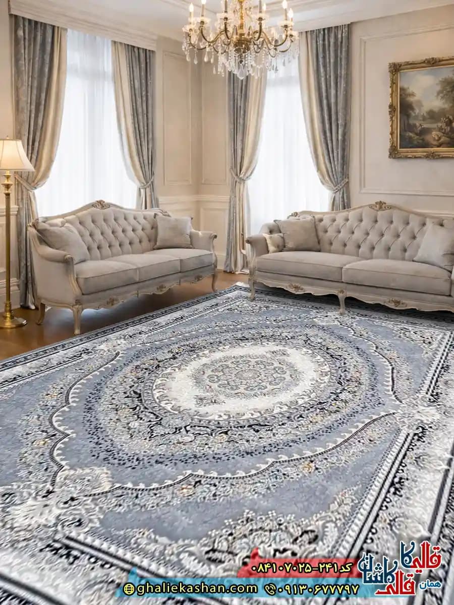 فرش 700 شانه طرح ارمغان رنگ طوسی دودی کاشان