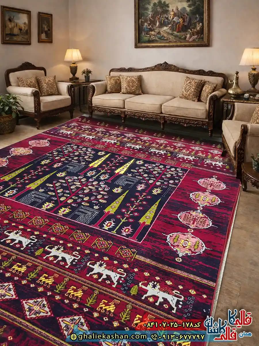 فرش سنتی 700 شانه طرح قشقایی آدنیوم رنگ قرمز روناسی کاشان