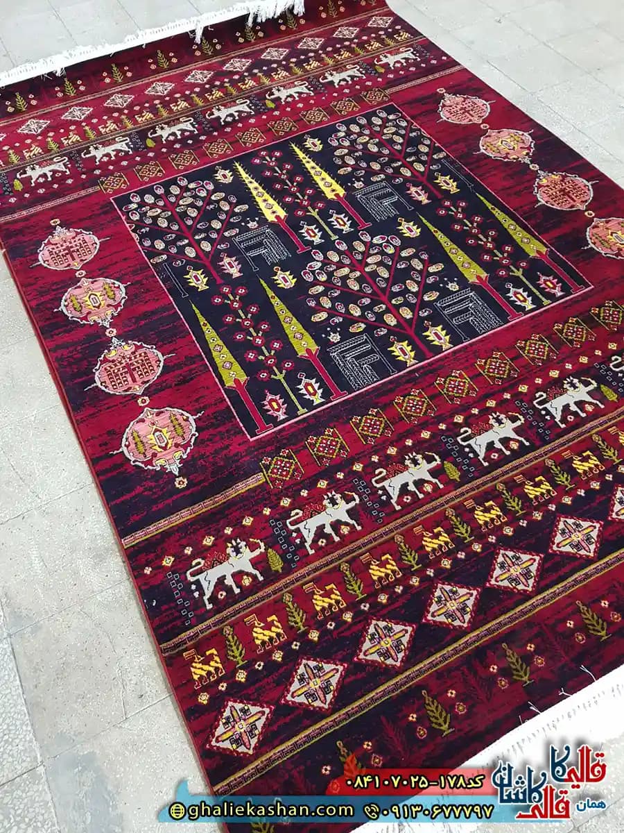 فرش سنتی 700 شانه طرح قشقایی آدنیوم رنگ قرمز روناسی کاشان — تصویر ۲