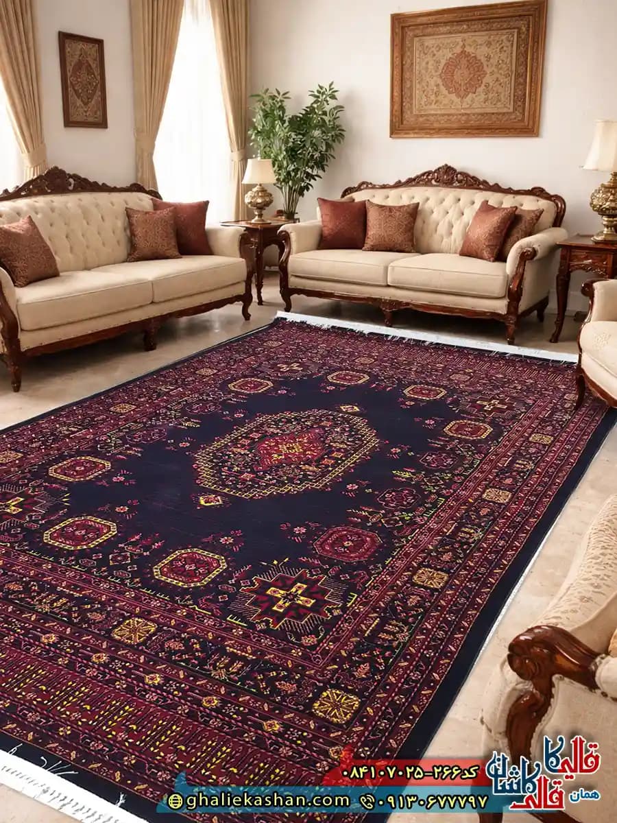 فرش سنتی 700 شانه طرح آرمان رنگ سرمه ای کاشان