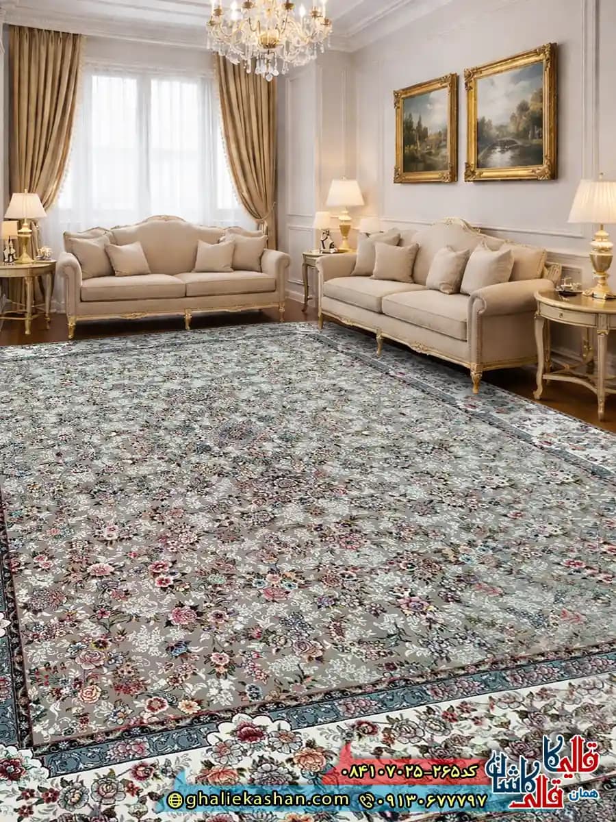 فرش 700 شانه طرح افشان آرمیتا رنگ طوسی فیلی کاشان