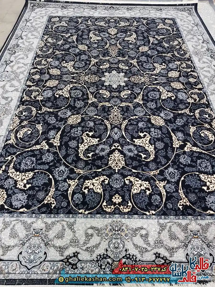 فرش 700 شانه طرح افشان تخت طاووس رنگ سرمه ای کاشان — تصویر ۲