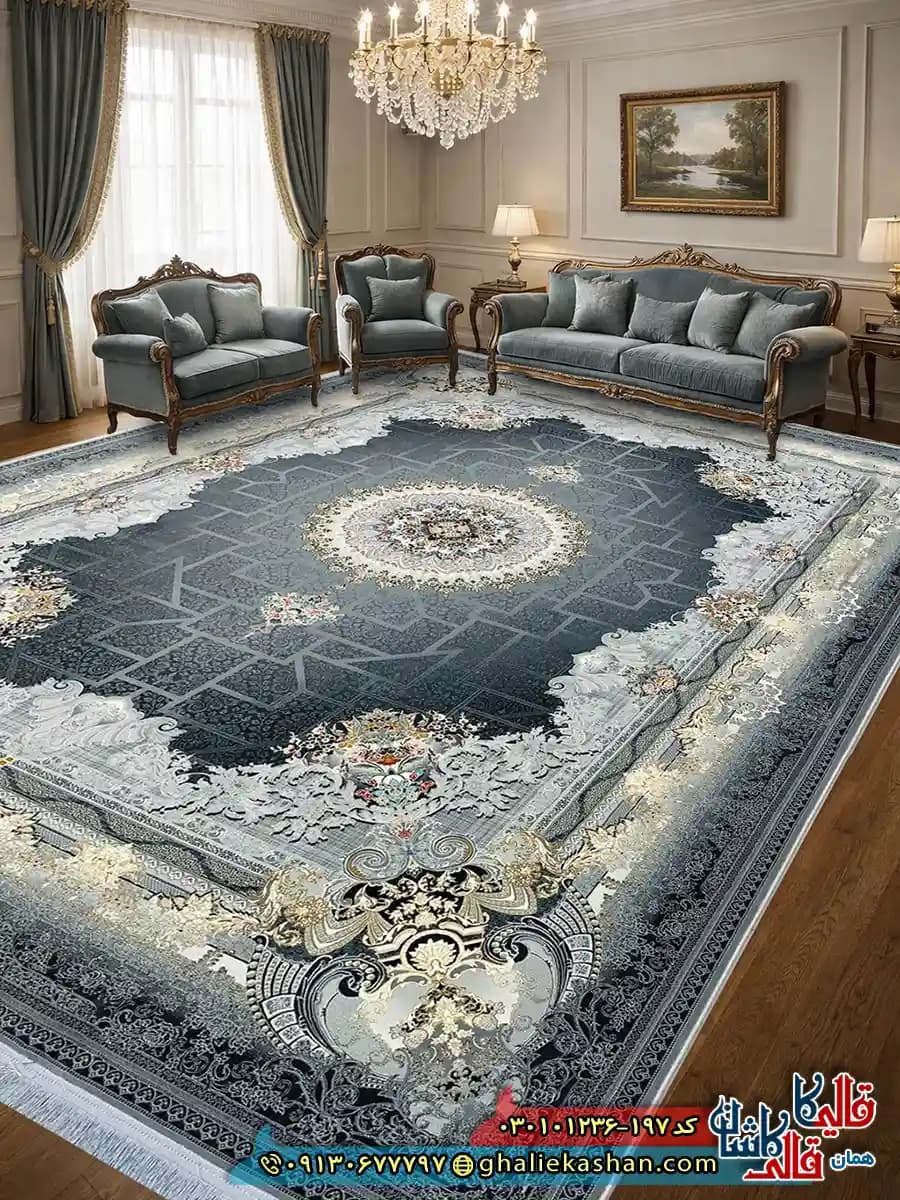 فرش 1200 شانه طرح شاهنامه رنگ طوسی کاشان