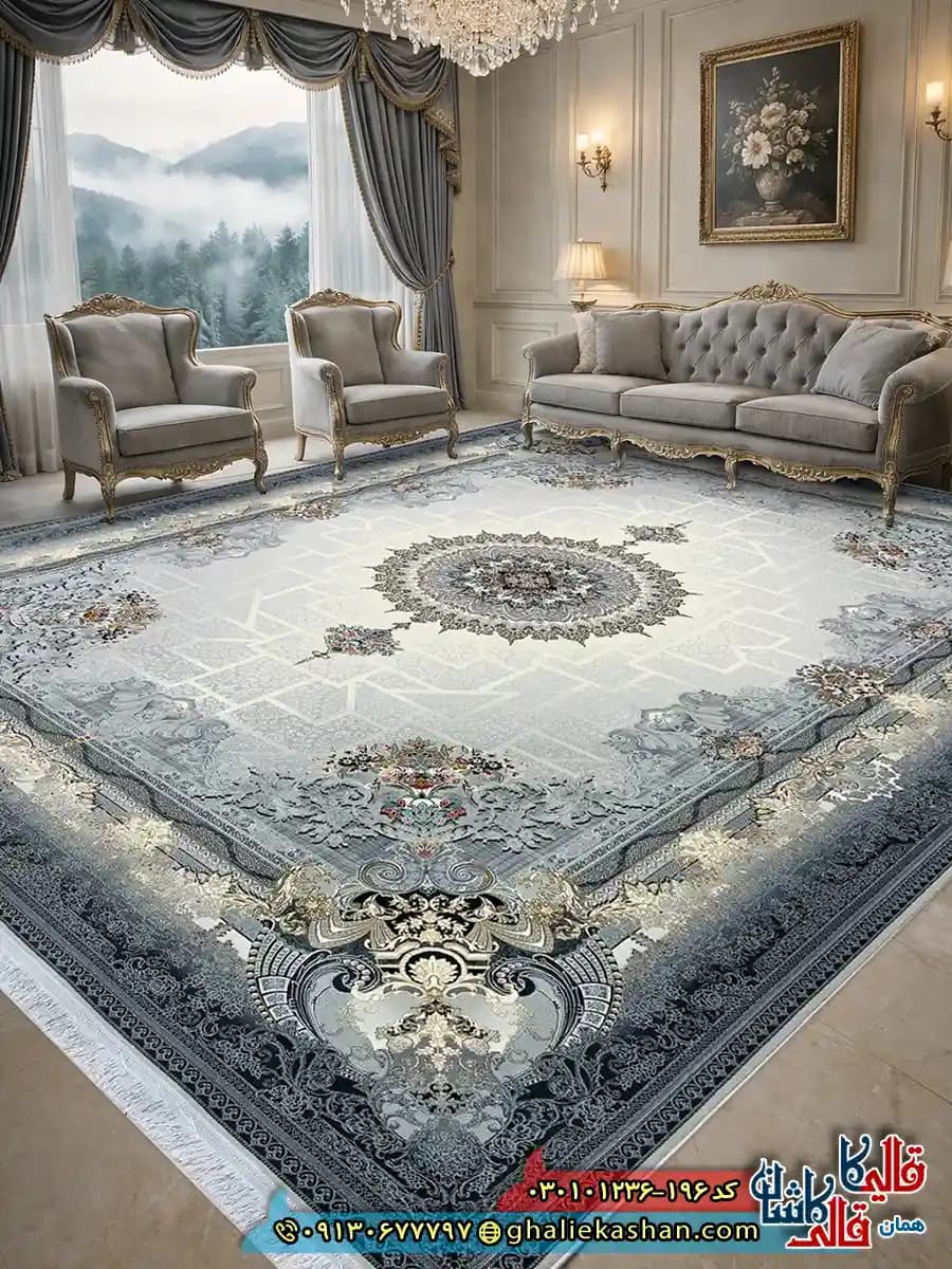 فرش 1200 شانه طرح شاهنامه رنگ طوسی سیلور کاشان