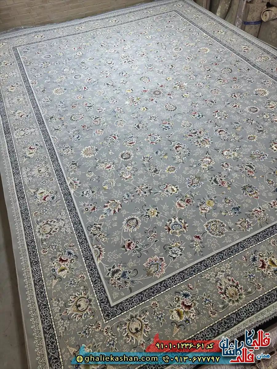 فرش کلاسیک 1200 شانه طرح افشان نیلگون رنگ طوسی کاشان