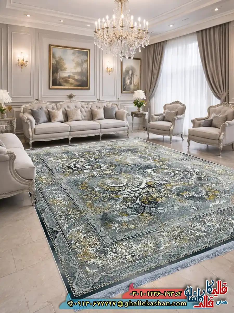 فرش وینتیج 1200 شانه طرح افشان ستاره رنگ طوسی کاشان