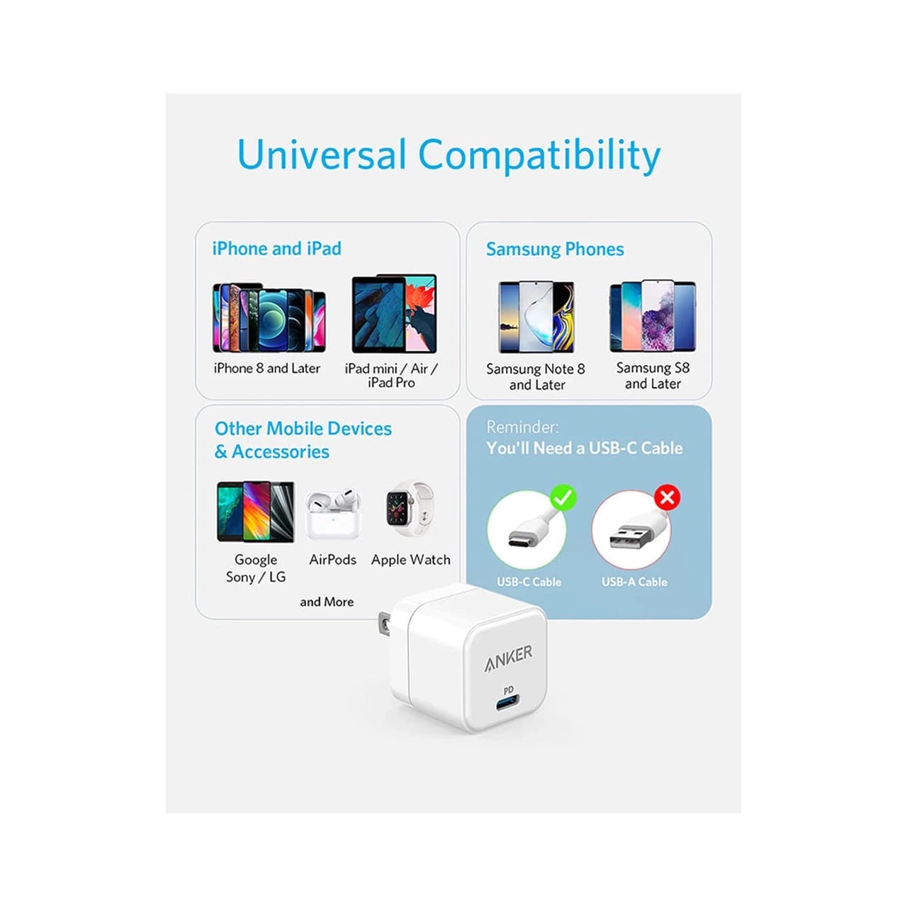 شارژر دیواری PD و فست تک پورت ANKER مدل A2149L23 20W – سفید (گارانتی شش ماهه شرکتی) — تصویر ۷