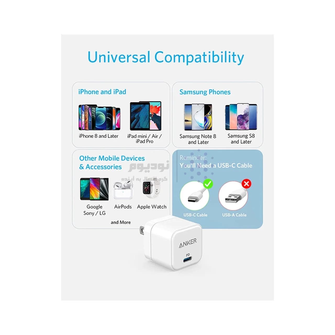شارژر دیواری PD و فست تک پورت ANKER مدل A2149L23 20W – سفید (گارانتی شش ماهه شرکتی) — تصویر ۱۱