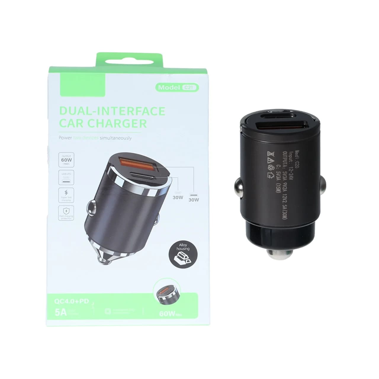 شارژر فندکی PD و فست دو پورت مدل C21 60W – خاکستری – RYL