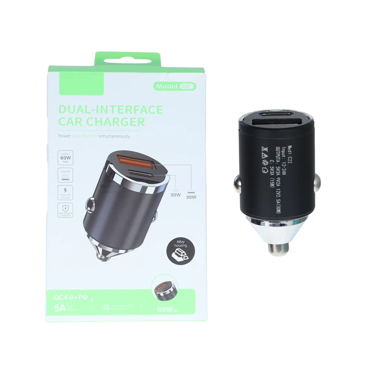 شارژر فندکی PD و فست دو پورت مدل C21 60W – مشکی – RYL