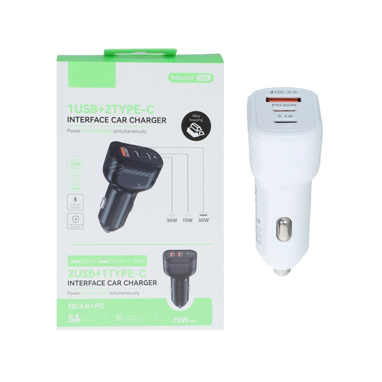 شارژر فندکی PD و فست سه پورت مدل X08 75W – سفید – RYL
