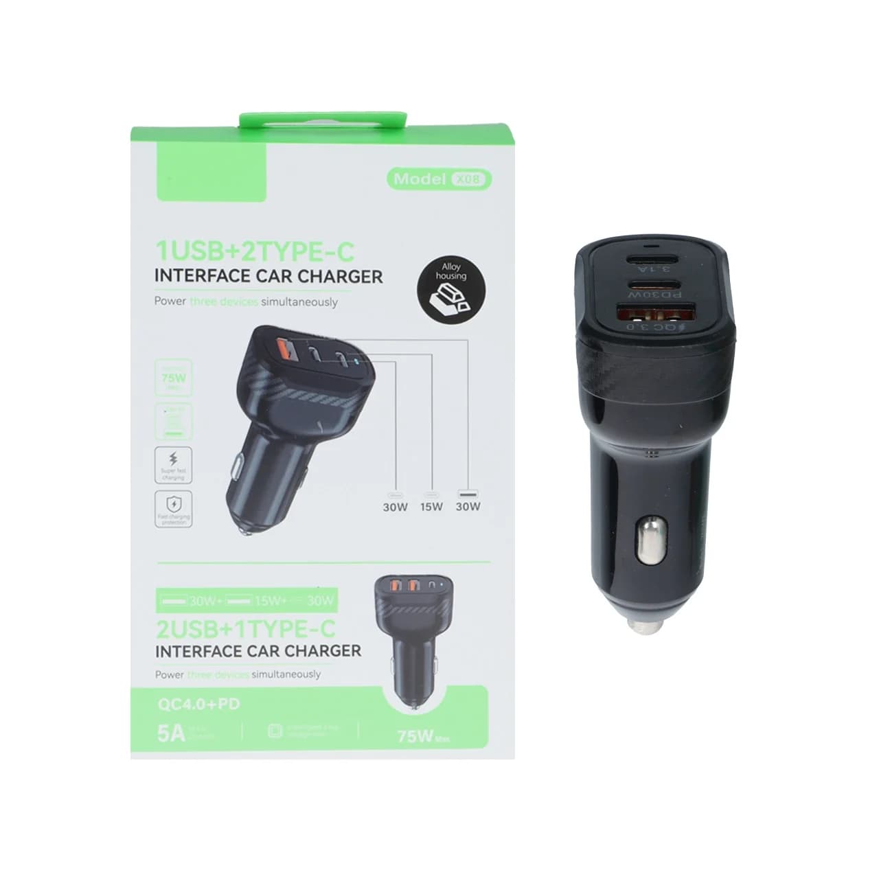 شارژر فندکی PD و فست سه پورت مدل X08 75W – مشکی – RYL