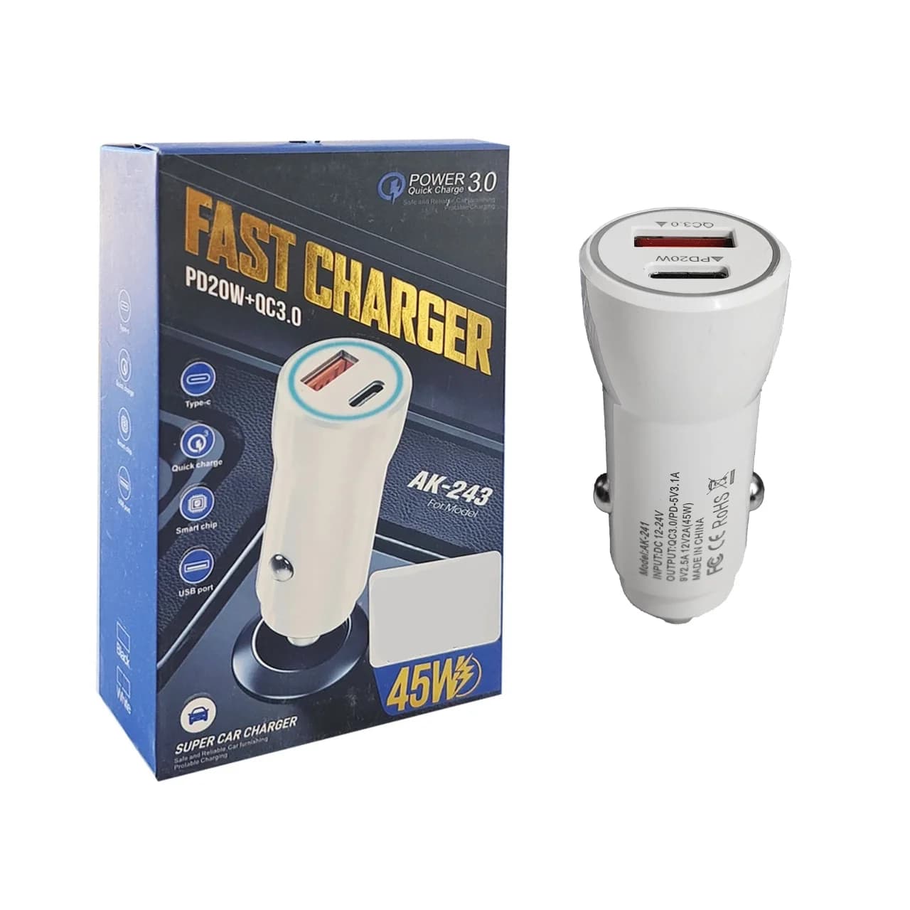شارژر فندکی PD و فست دو پورت مدل AK-243 45W – سفید – RYL