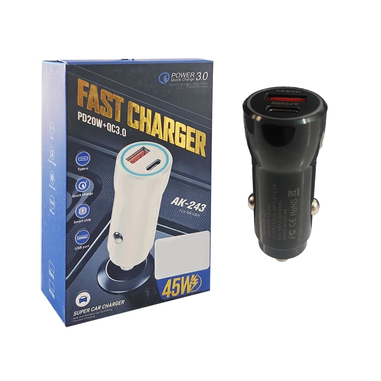 شارژر فندکی PD و فست دو پورت مدل AK-243 45W – مشکی – RYL