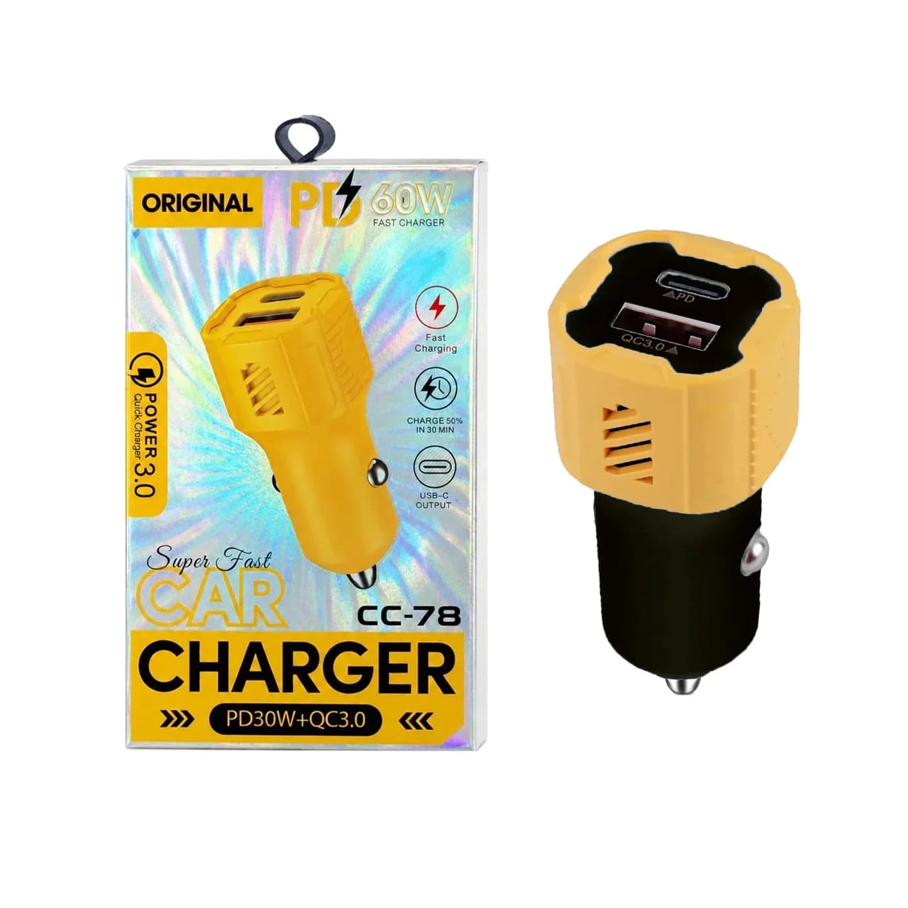 شارژر فندکی PD و فست دو پورت مدل CC-78 60W – مشکی زرد – RYL