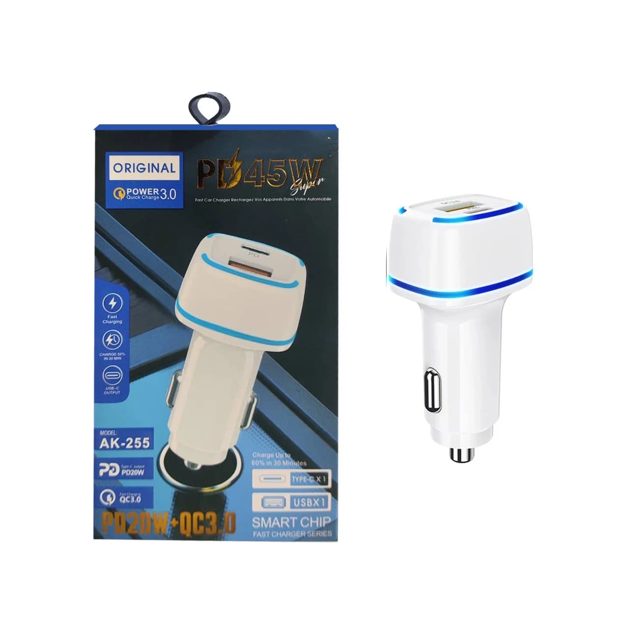 شارژر فندکی PD و فست دو پورت مدل AK-255 45W – سفید – RYL