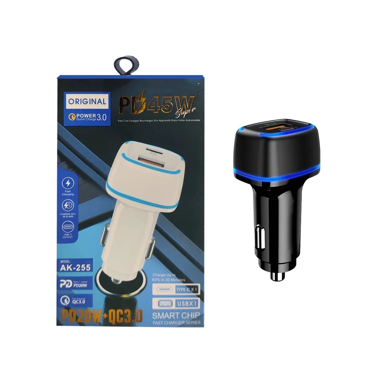 شارژر فندکی PD و فست دو پورت مدل AK-255 45W – مشکی – RYL