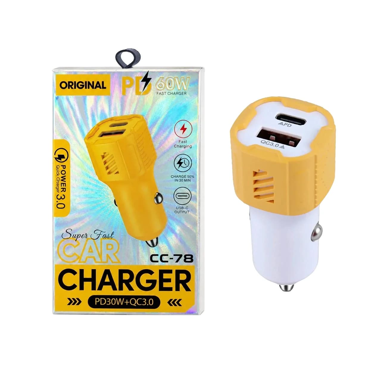 شارژر فندکی PD و فست دو پورت مدل CC-78 60W – سفید زرد – RYL