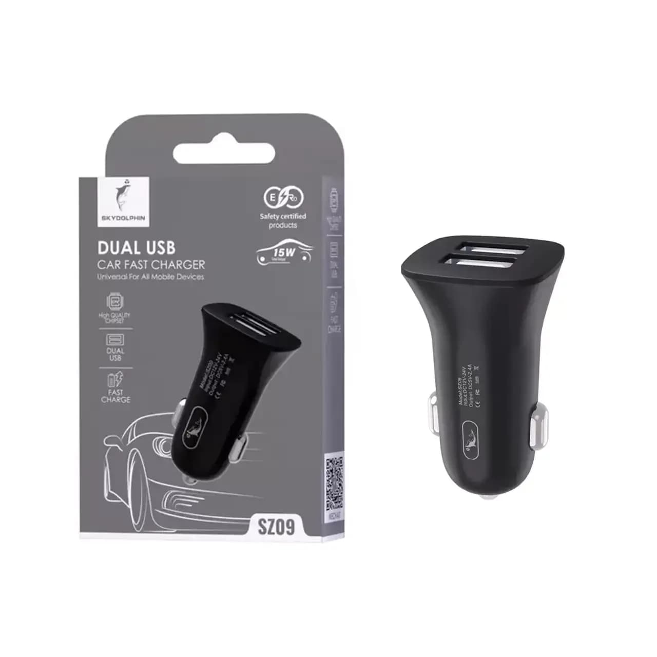 شارژر فندکی فست دو پورت SKYDOLPHIN مدل SZ09 15W – مشکی – RYL