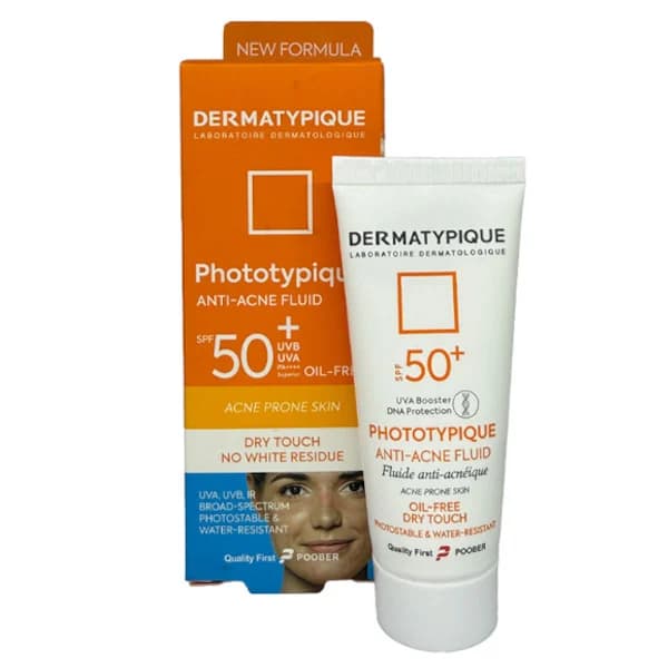 فلوئید ضد آفتاب بدون رنگ درماتیپیک مدل anti acne محافظ UVA،UVB مناسب برای پوست چرب حجم 40 میلی لیتر
