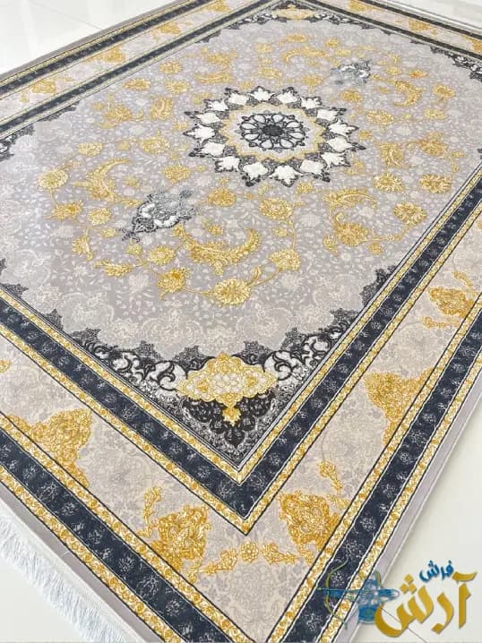 فرش طوسی طلایی 700 شانه گل برجسته طرح شادمهر — تصویر ۲