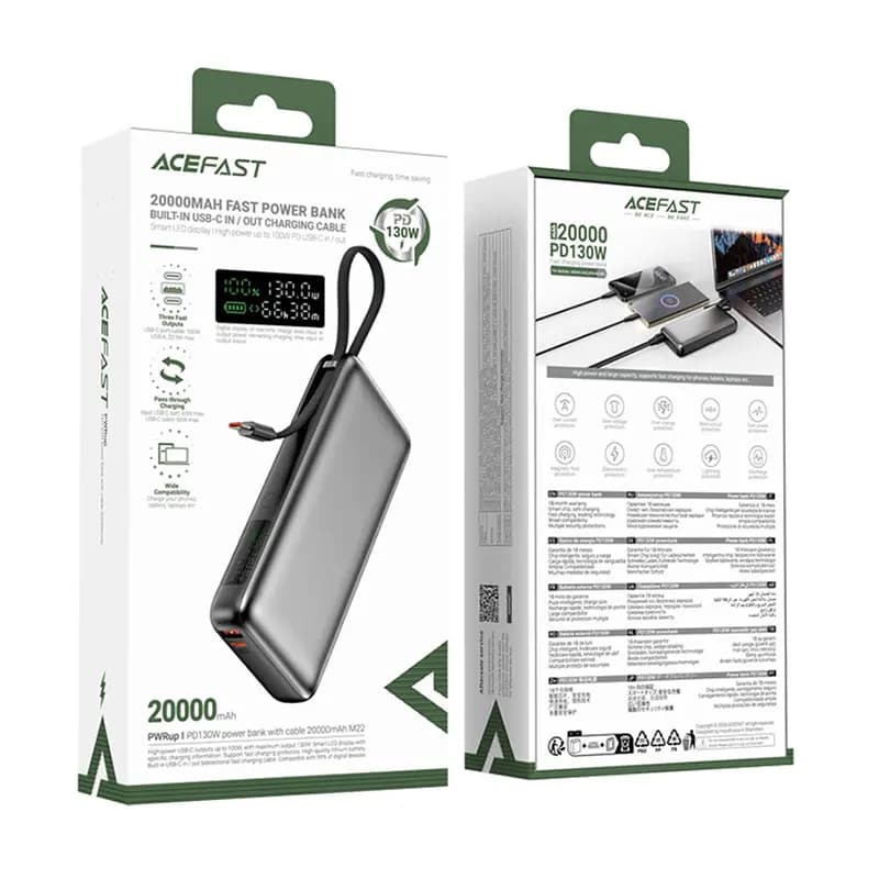 پاوربانک 20000 ایس فست ACEFAST M22 PD130W GaN Fast Charger توان 130 وات همراه با کابل متصل — تصویر ۵
