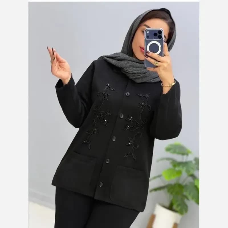 ژاکت بافت ملیله دوزی زنانه یقه مردانه مهرانا فری سایز — تصویر ۴