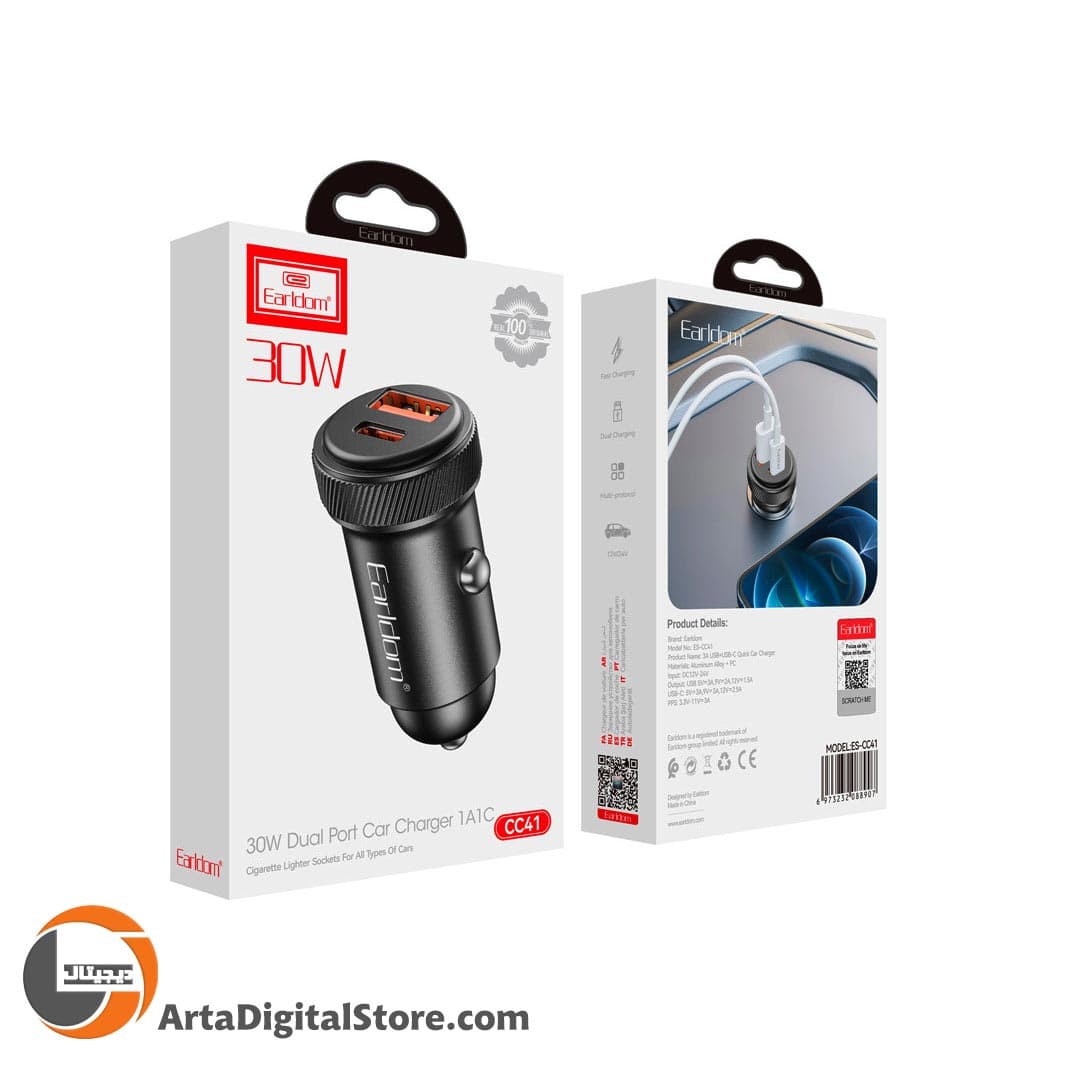 شارژر فندکی فست شارژ Earldom ES-CC41 3A PD 30W Car Charger Black — تصویر ۳