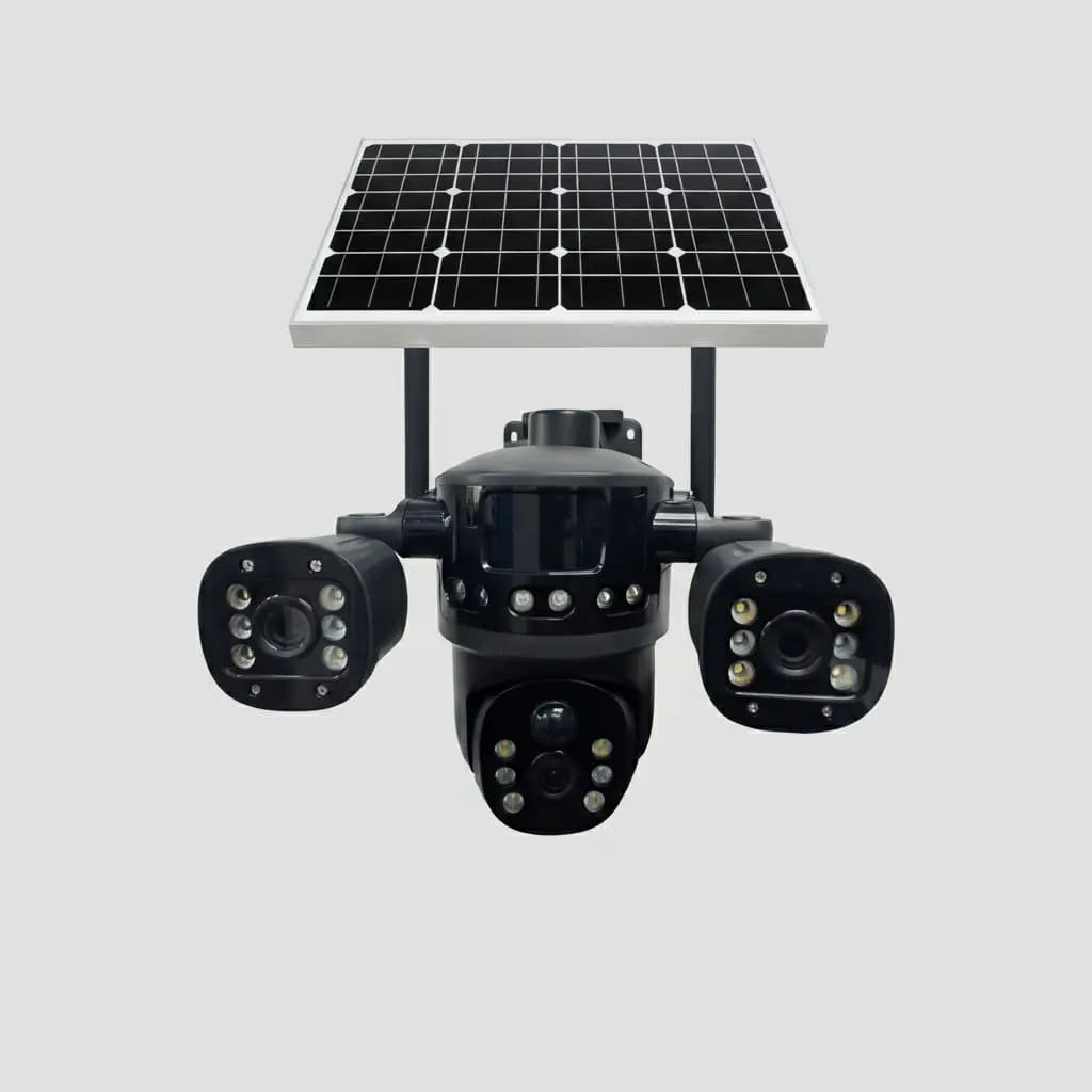 دوربین چرخشی بی سیم خورشیدی سیم کارتی V380 PRO مدل T36 سه لنز ۱۲ مگاپیکسل
