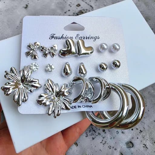 گوشواره 9 جفتی درشت مدل silver01 — تصویر ۲