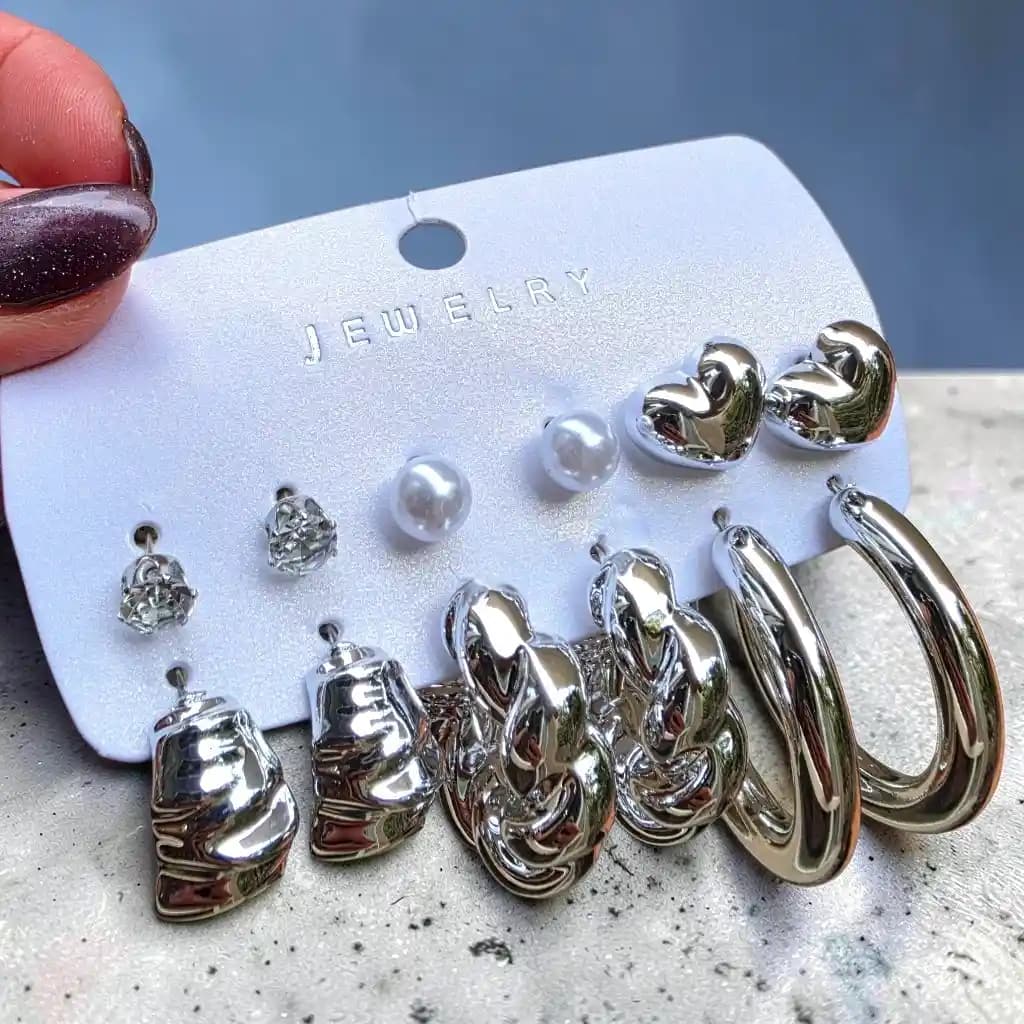 گوشواره 6 جفتی درشت مدل silver02 — تصویر ۲