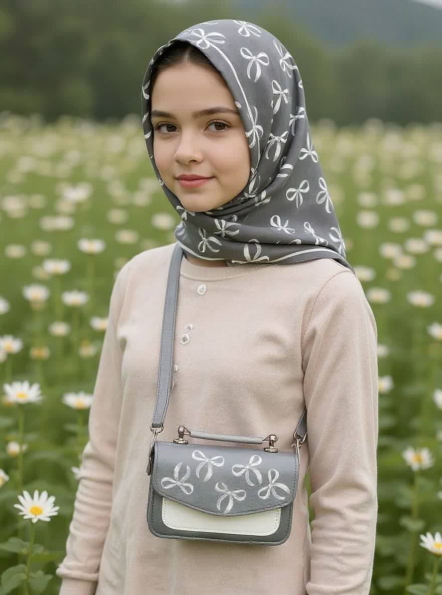 ست کیف و روسری دخترانه طرح پاپیون طوسی کد mo905