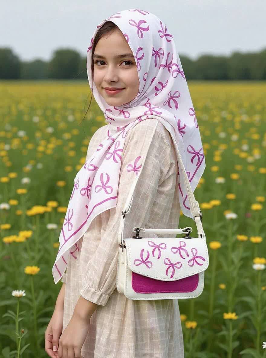 ست کیف و روسری دخترانه طرح پاپیون سرخابی کد mo901