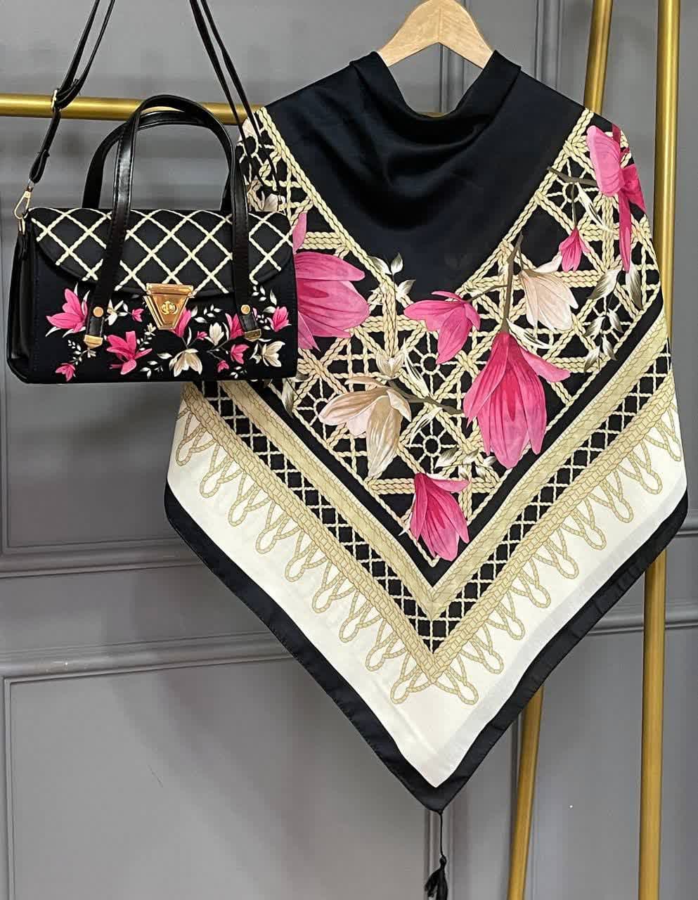 ست کیف و روسری زنانه طرح جدید لیلیوم مشکی سرخابی کیفیت عالی کد mo893