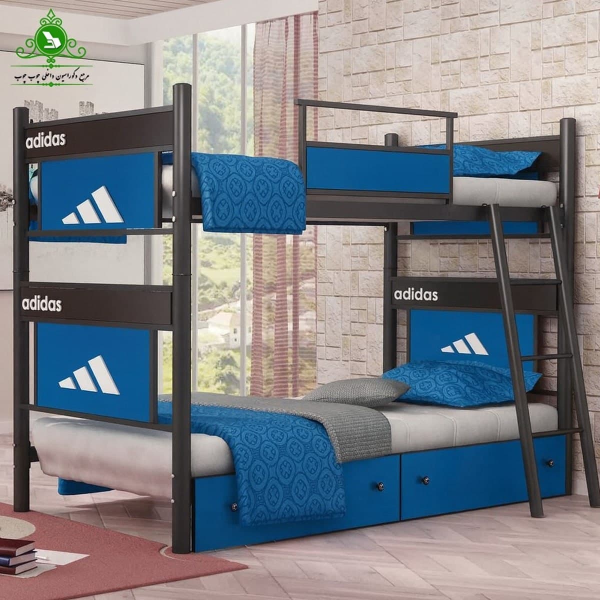 تخت خواب دو طبقه چوب و فلز فرفوژه مدل آدیداس با کشو بدون تشک مبلمان فرنا مدل 1144749 — تصویر ۲