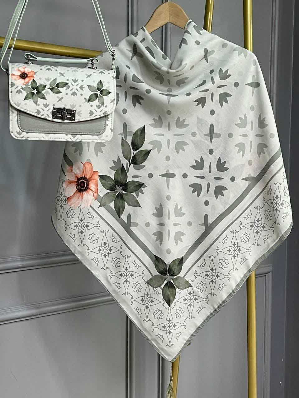 ست کیف و روسری زنانه طرح جدید گل شقایق سبز کیفیت عالی کد mo872