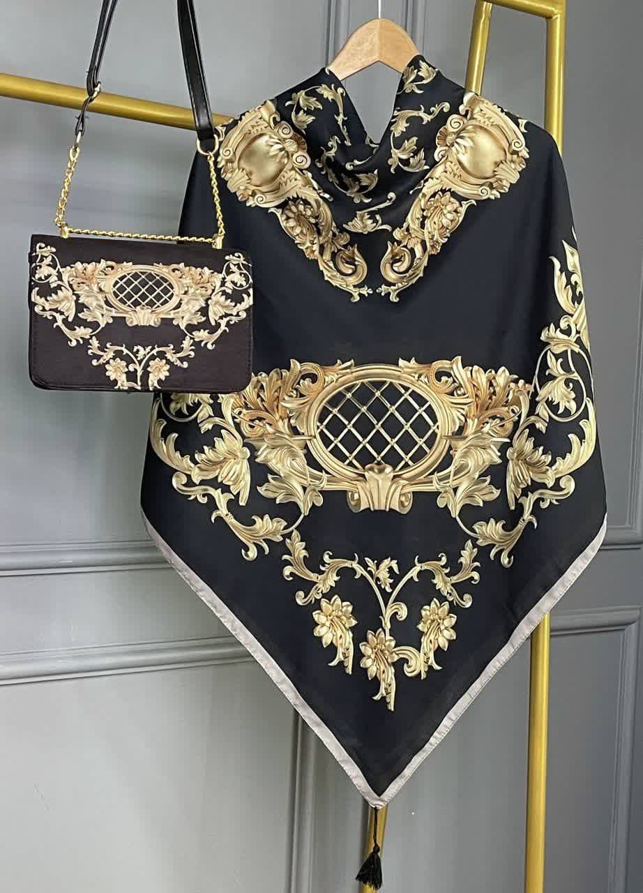 ست کیف و روسری زنانه طرح جدید سایان مشکی طلایی کیفیت عالی کد mo870