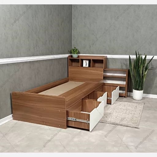 تخواب یک نفره mdf همراه کشاب و کتابخانه مبلمان فرنا مدل 1144726