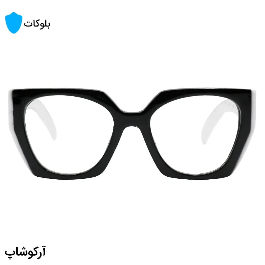 عینک زنانه برند PRADA با فریم مشکی و سفید، شکل پروانه‌ای، دسته سفید و لنز بی‌رنگ و شفاف (بلوکات) مدل TR-P5211 — تصویر ۳