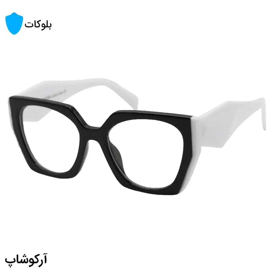 عینک زنانه برند PRADA با فریم مشکی و سفید، شکل پروانه‌ای، دسته سفید و لنز بی‌رنگ و شفاف (بلوکات) مدل TR-P5211