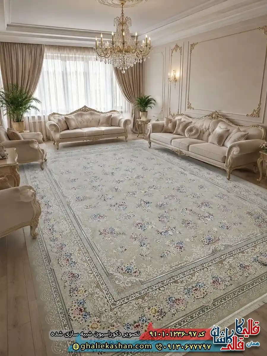 فرش کلاسیک 1200 شانه طرح افشان ملورین رنگ بژ کاشان