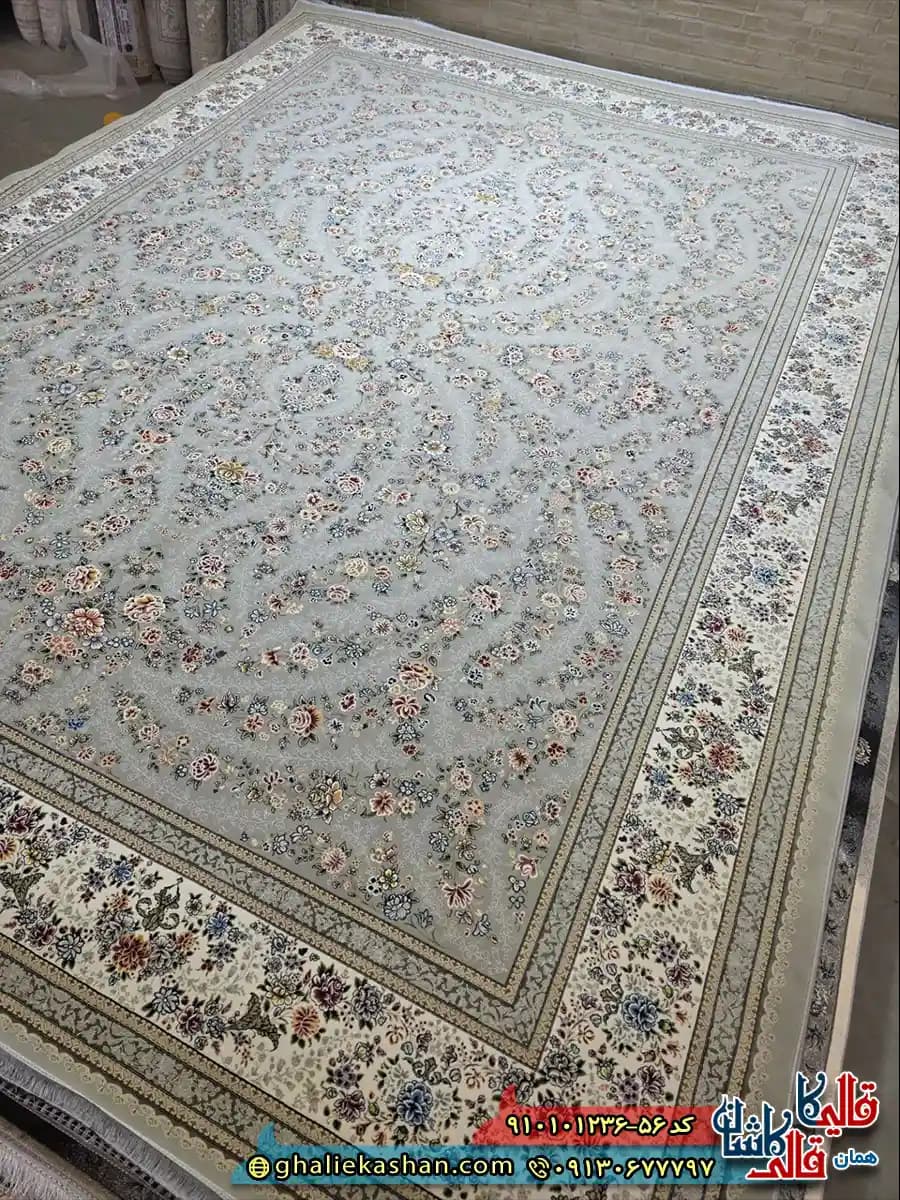 فرش کلاسیک 1200 شانه طرح افشان ناوک رنگ طوسی فیلی کاشان