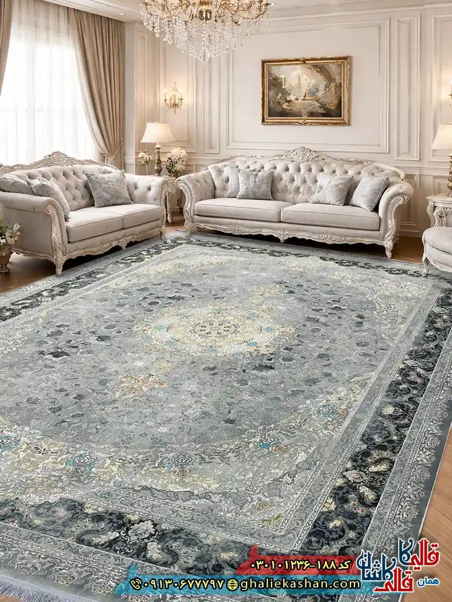 فرش وینتیج 1200 شانه طرح برکه رنگ طوسی کاشان