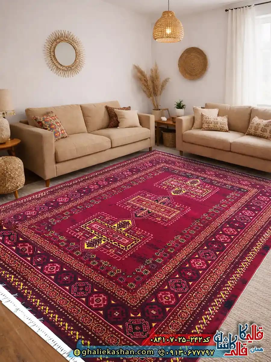 فرش سنتی 700 شانه طرح توماج رنگ قرمز روناسی کاشان
