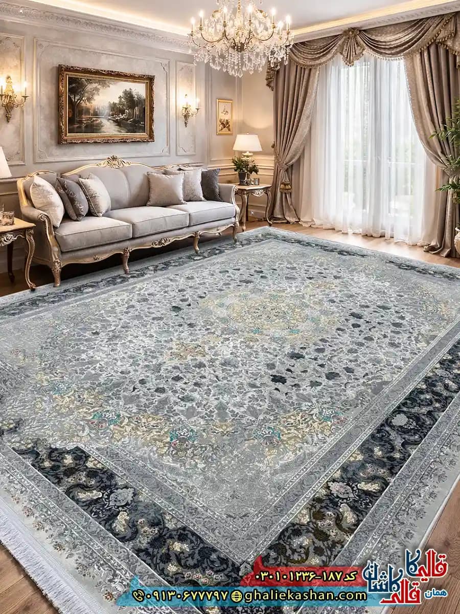 فرش وینتیج 1200 شانه طرح برکه رنگ طوسی سیلور کاشان