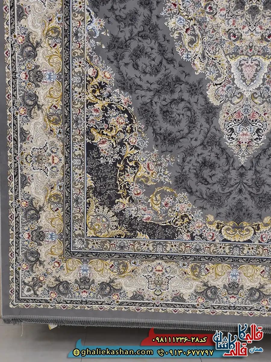 فرش 1200 شانه طرح اشکان رنگ طوسی دودی گل برجسته کاشان — تصویر ۳
