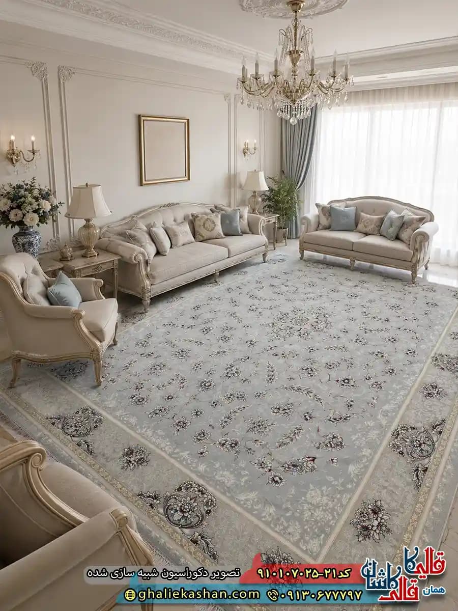 فرش کلاسیک 700 شانه طرح افشان شهناز رنگ طوسی نقره ای کاشان