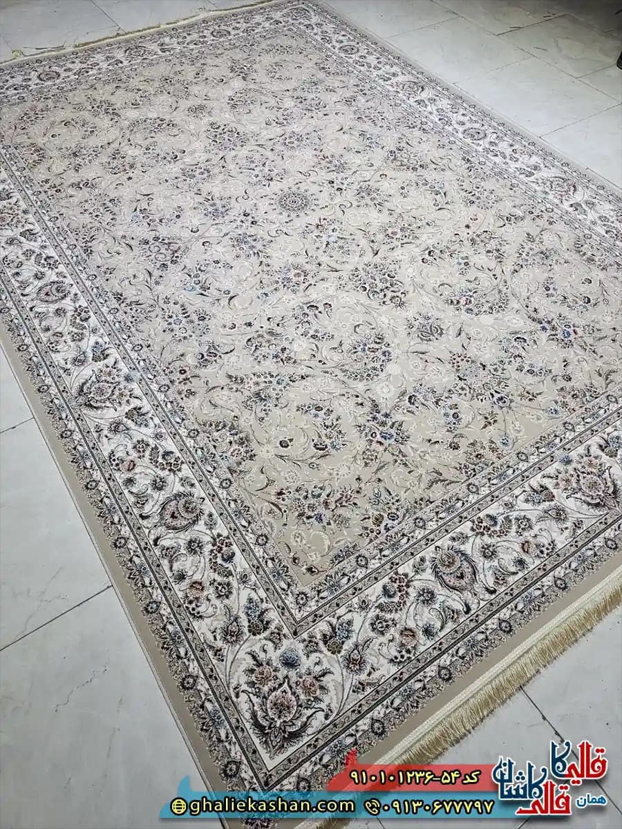 فرش کلاسیک 1200 شانه طرح افشان نارسیس رنگ نسکافه ای بژ کاشان