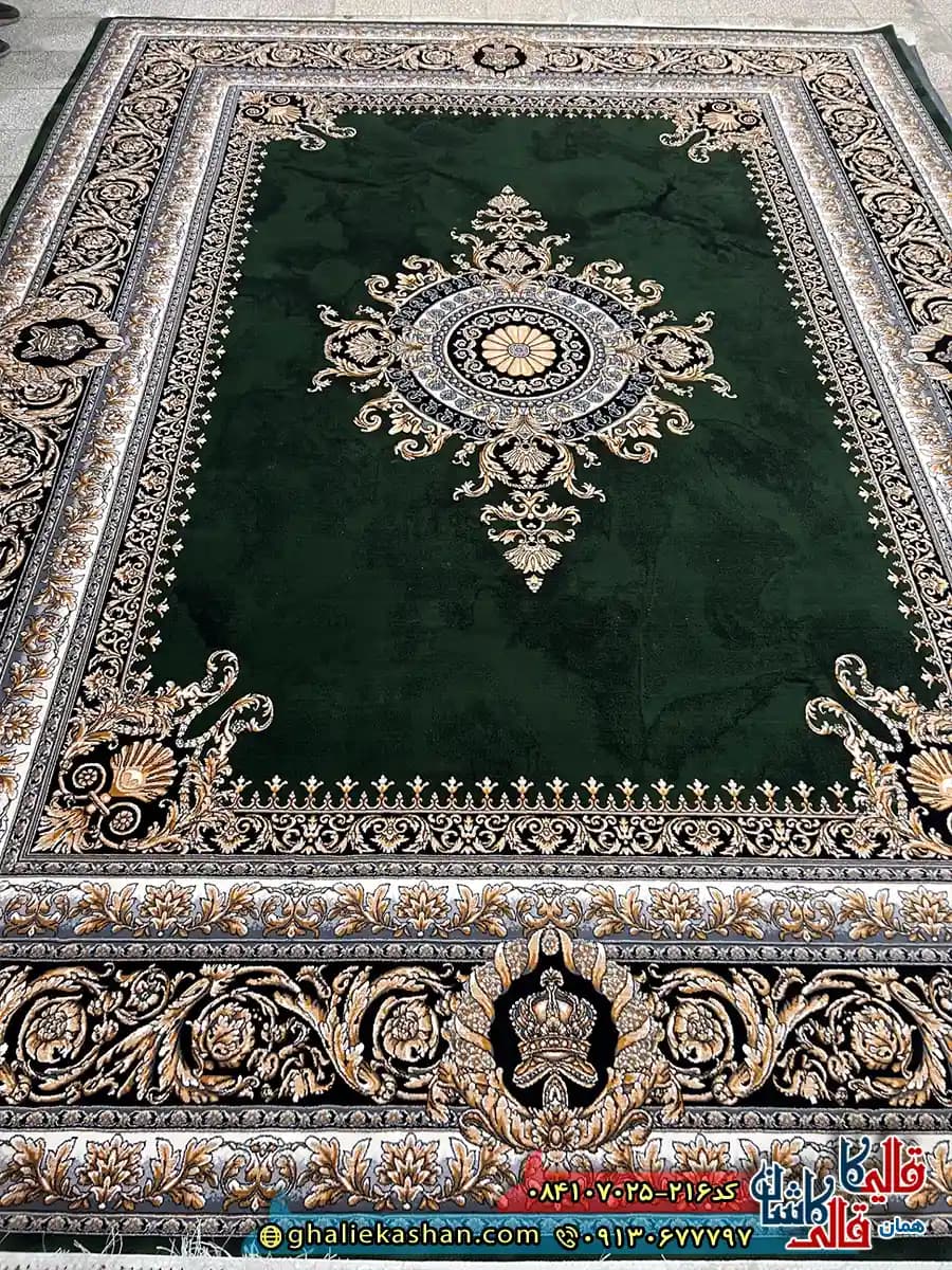 فرش 700 شانه طرح ورساچه ژیوا رنگ سبز کاشان — تصویر ۲