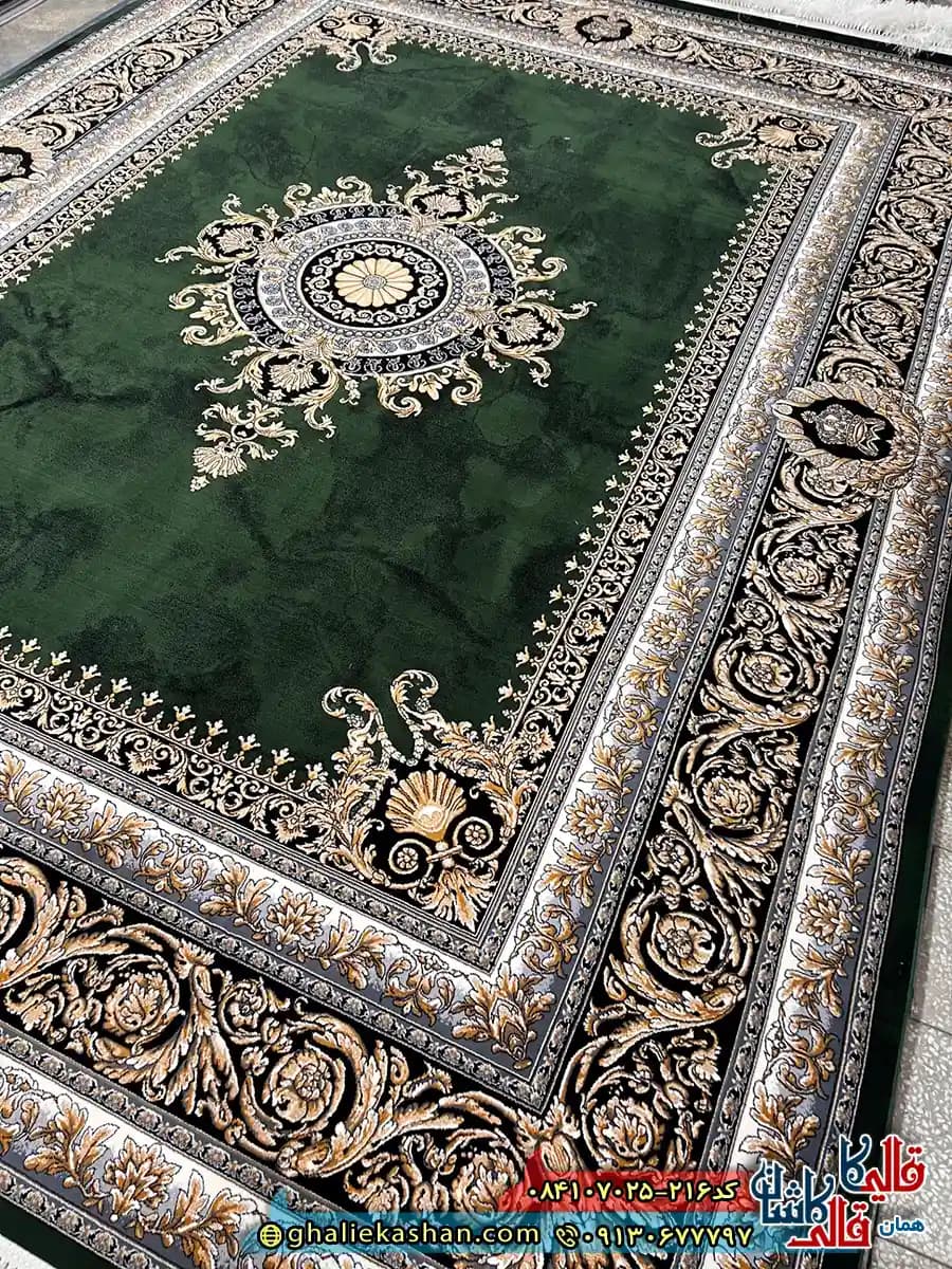 فرش 700 شانه طرح ورساچه ژیوا رنگ سبز کاشان — تصویر ۳